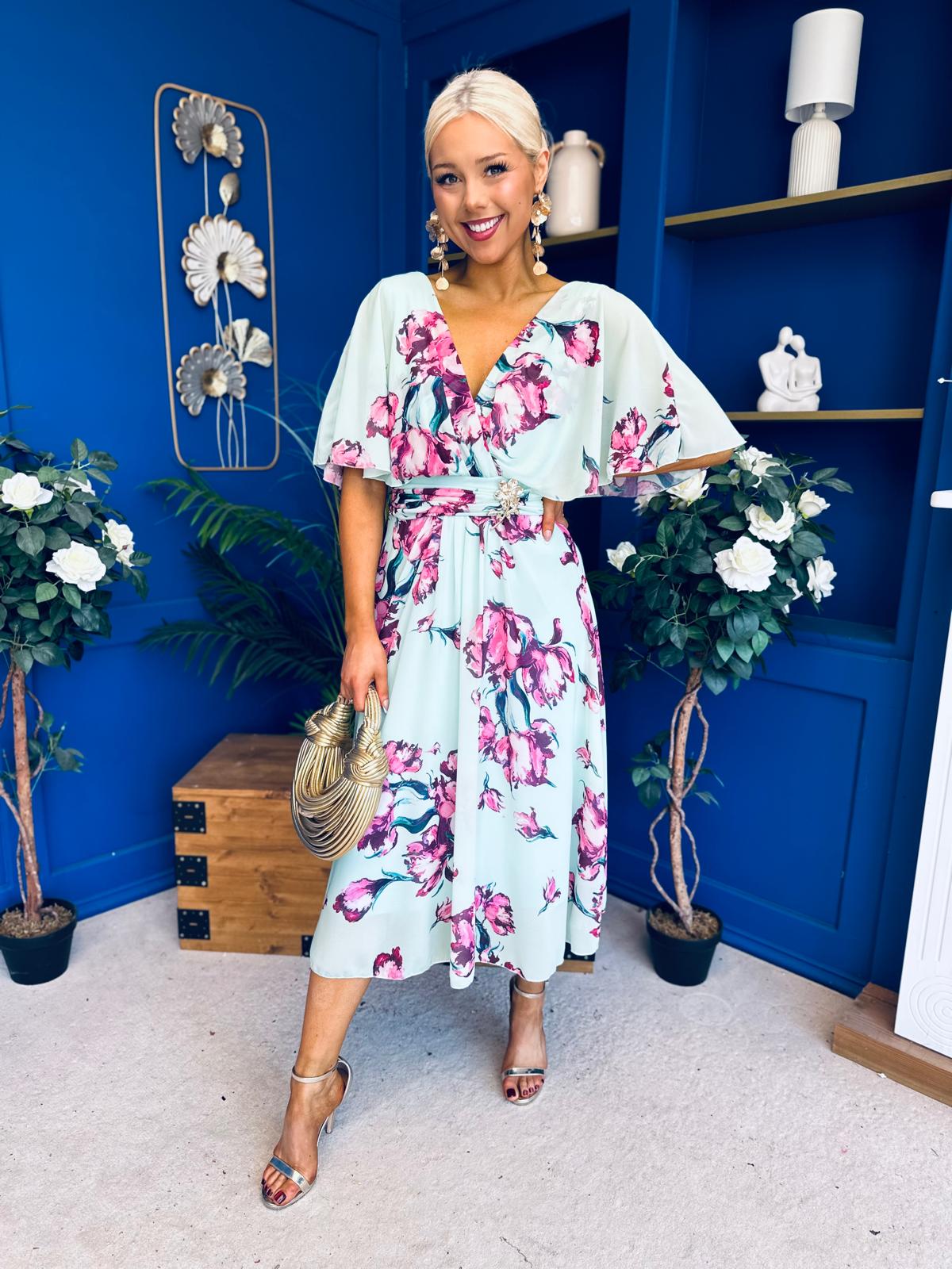 Julia Cape Detailed Midi Dress Floral Green
