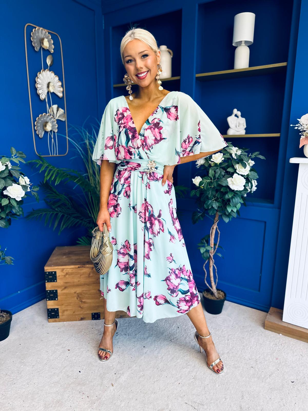 Julia Cape Detailed Midi Dress Floral Green