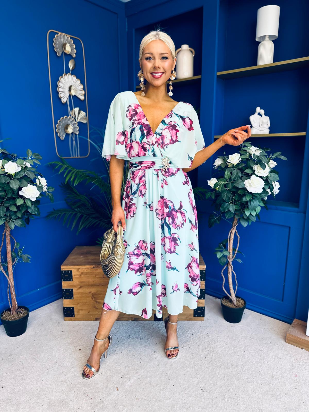 Julia Cape Detailed Midi Dress Floral Green