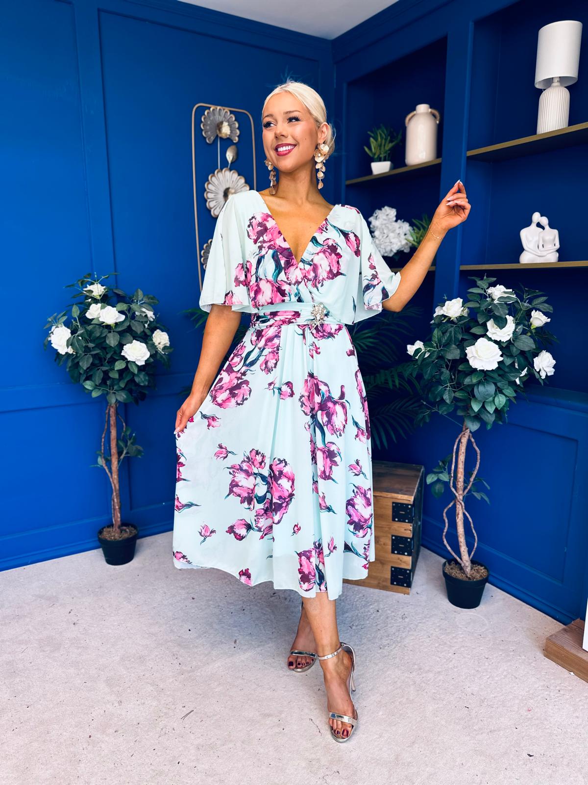 Julia Cape Detailed Midi Dress Floral Green
