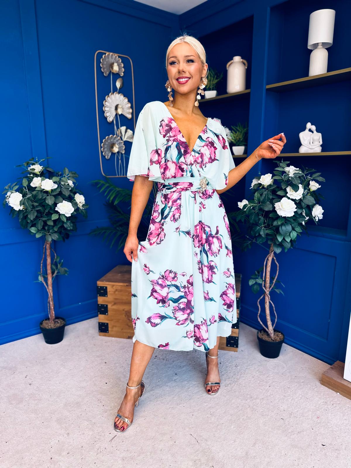 Julia Cape Detailed Midi Dress Floral Green