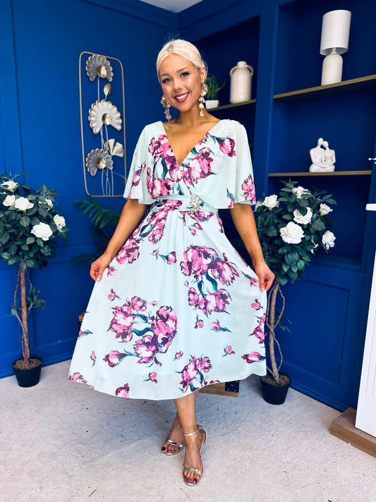 Julia Cape Detailed Midi Dress Floral Green