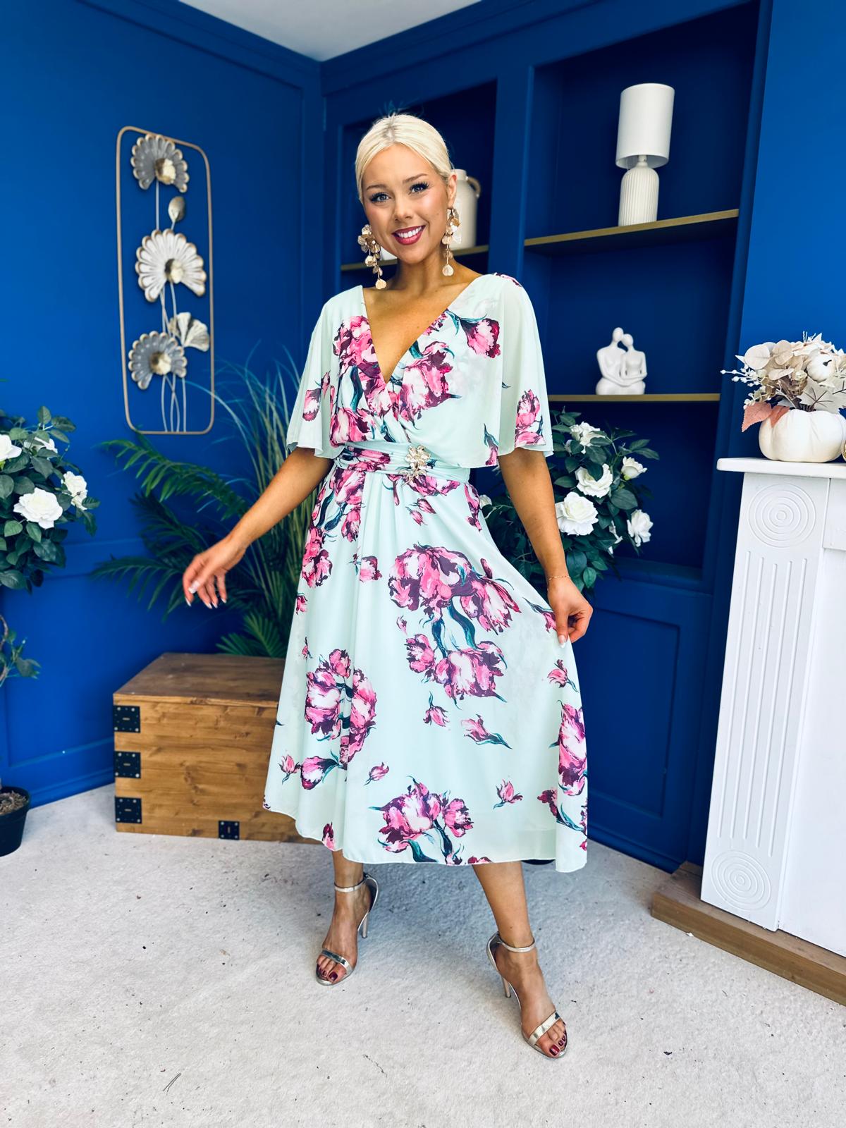 Julia Cape Detailed Midi Dress Floral Green