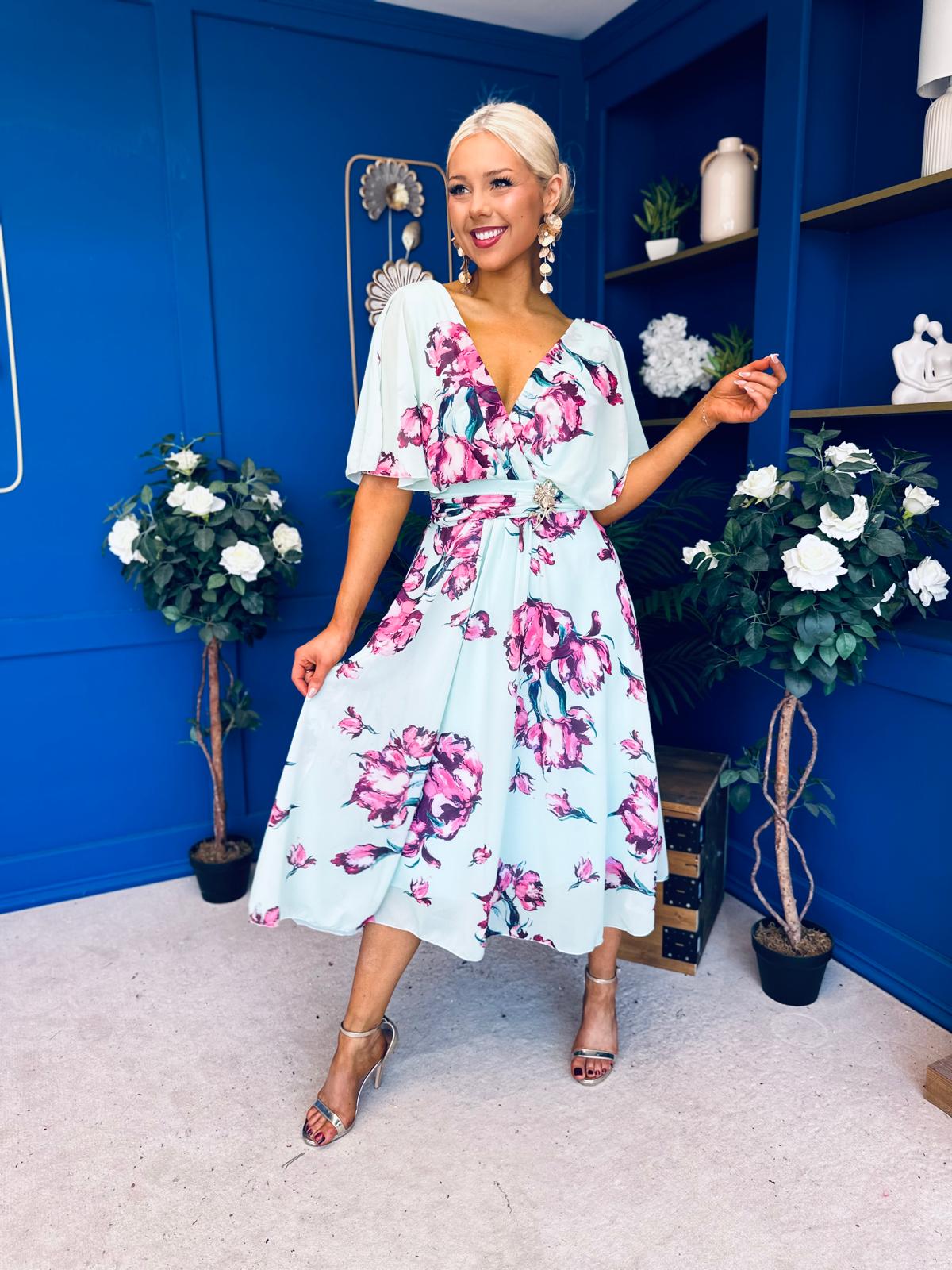 Julia Cape Detailed Midi Dress Floral Green