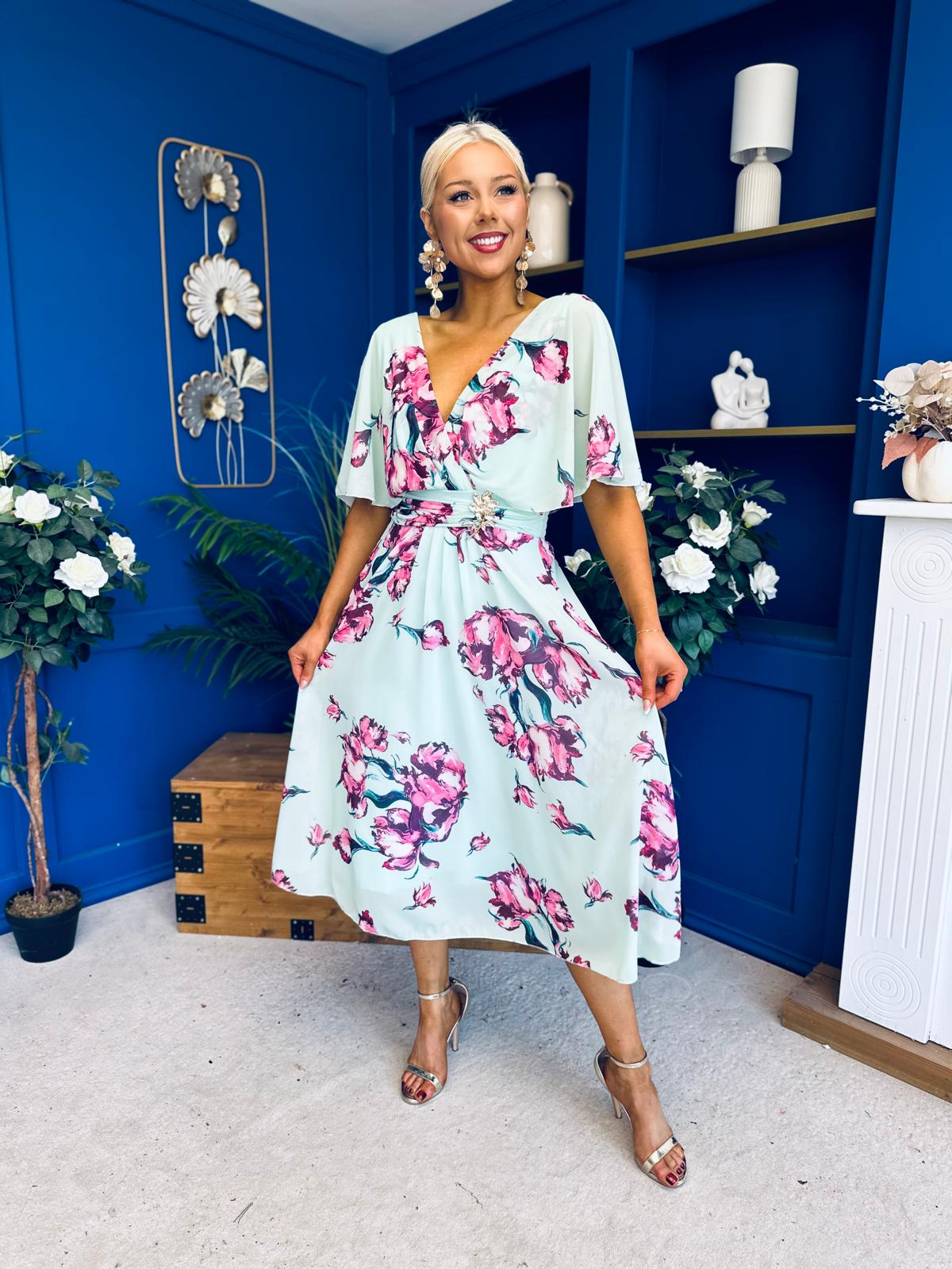 Julia Cape Detailed Midi Dress Floral Green