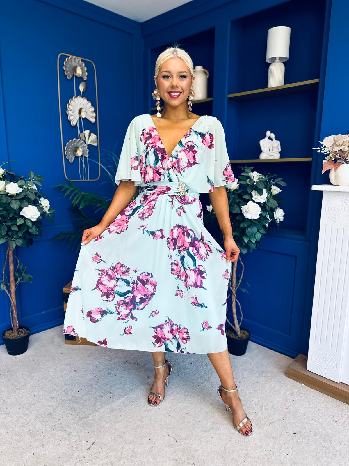 Julia Cape Detailed Midi Dress Floral Green