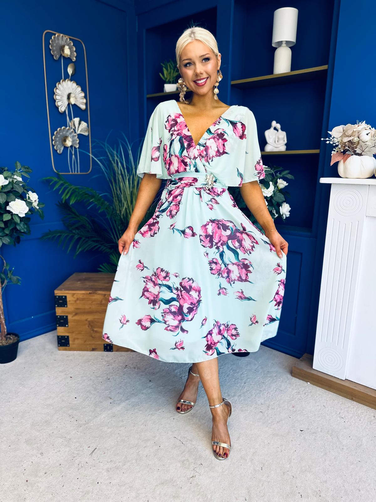 Julia Cape Detailed Midi Dress Floral Green