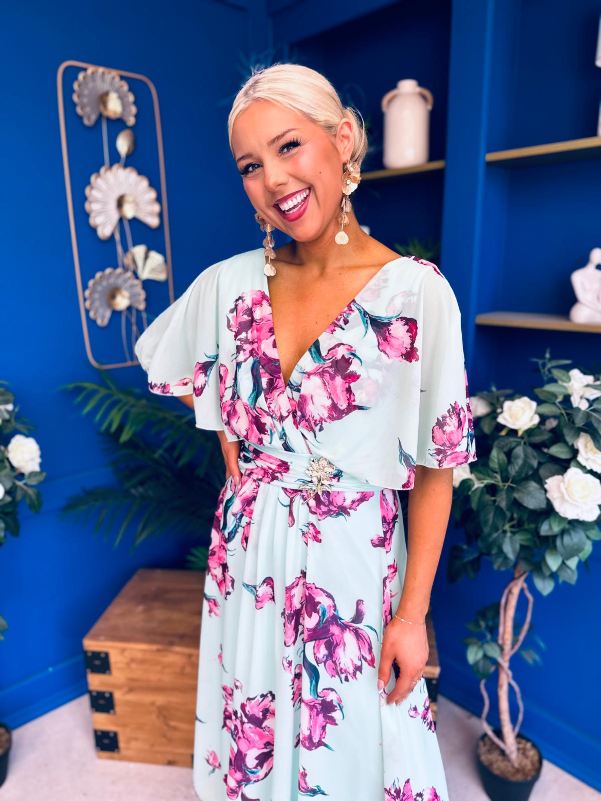Julia Cape Detailed Midi Dress Floral Green