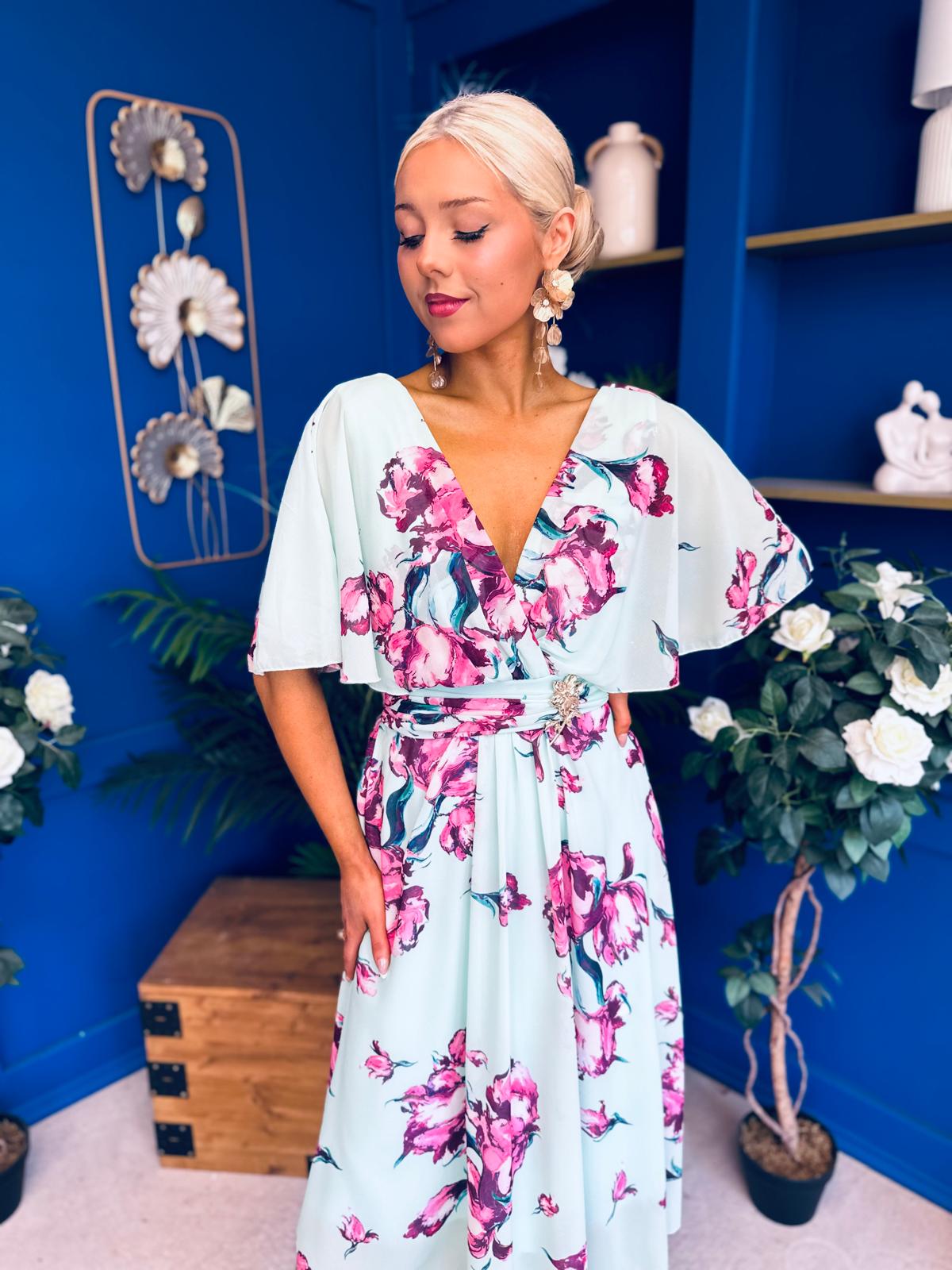 Julia Cape Detailed Midi Dress Floral Green