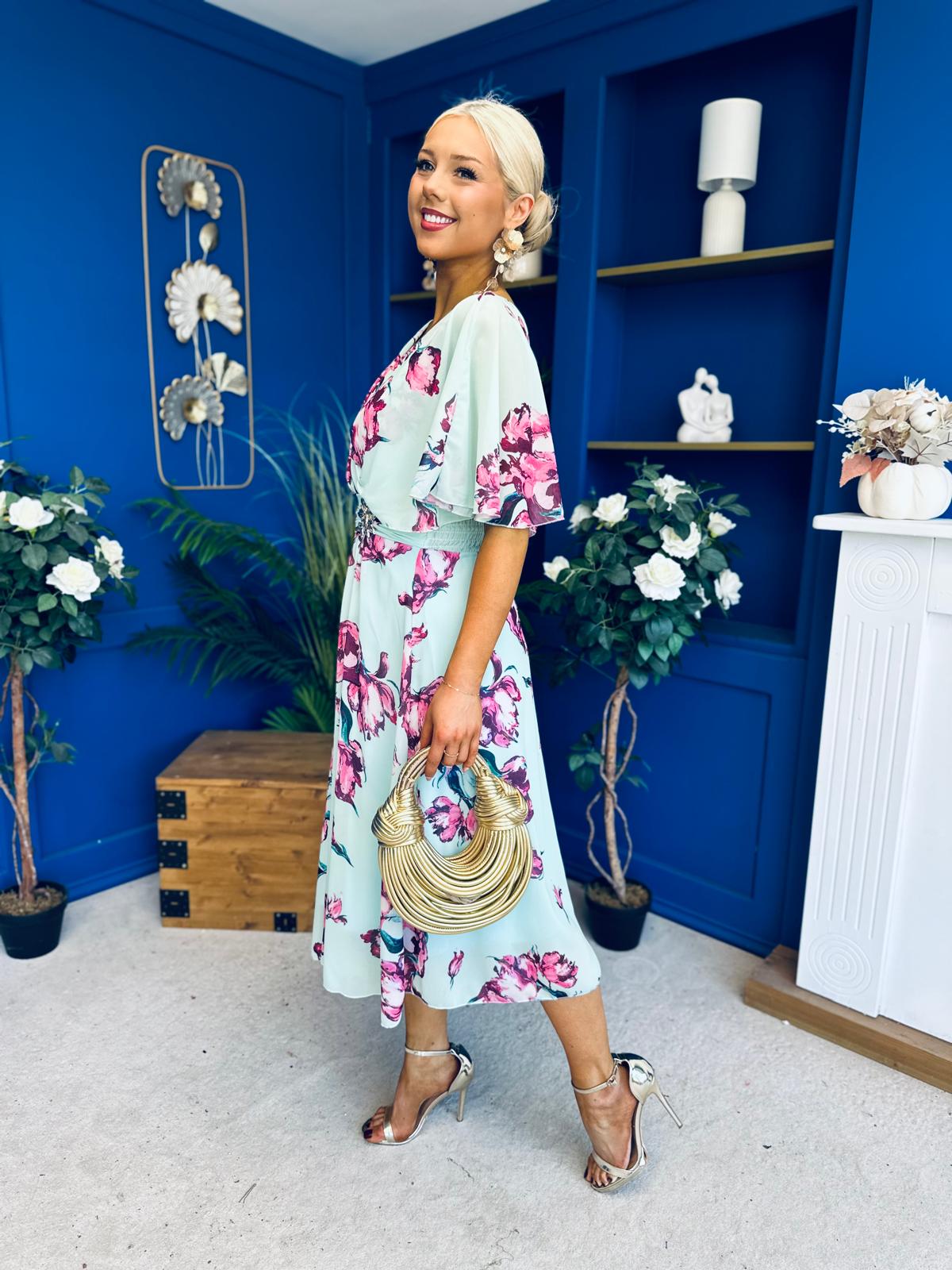 Julia Cape Detailed Midi Dress Floral Green