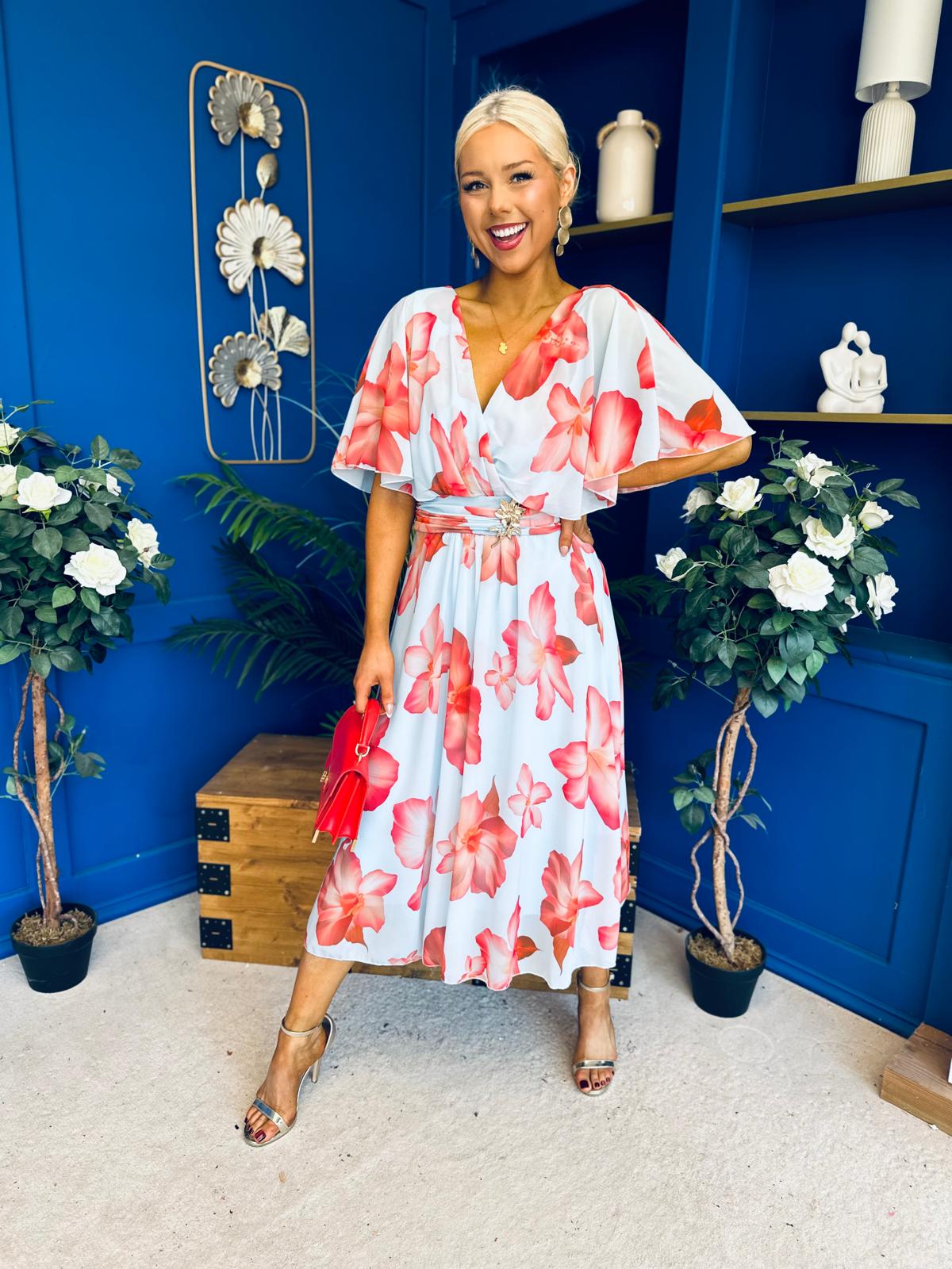 Julia Cape Detailed Midi Dress Floral Sky