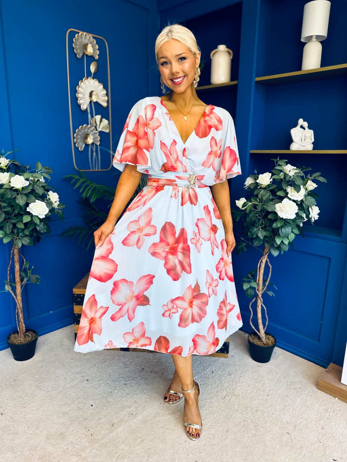Julia Cape Detailed Midi Dress Floral Sky