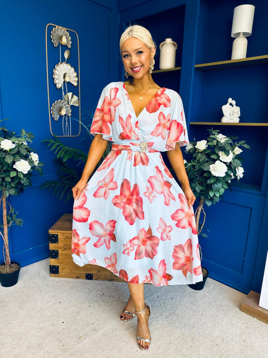 Julia Cape Detailed Midi Dress Floral Pwr Blue
