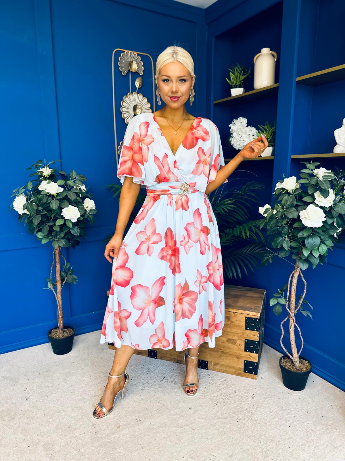 Julia Cape Detailed Midi Dress Floral Sky