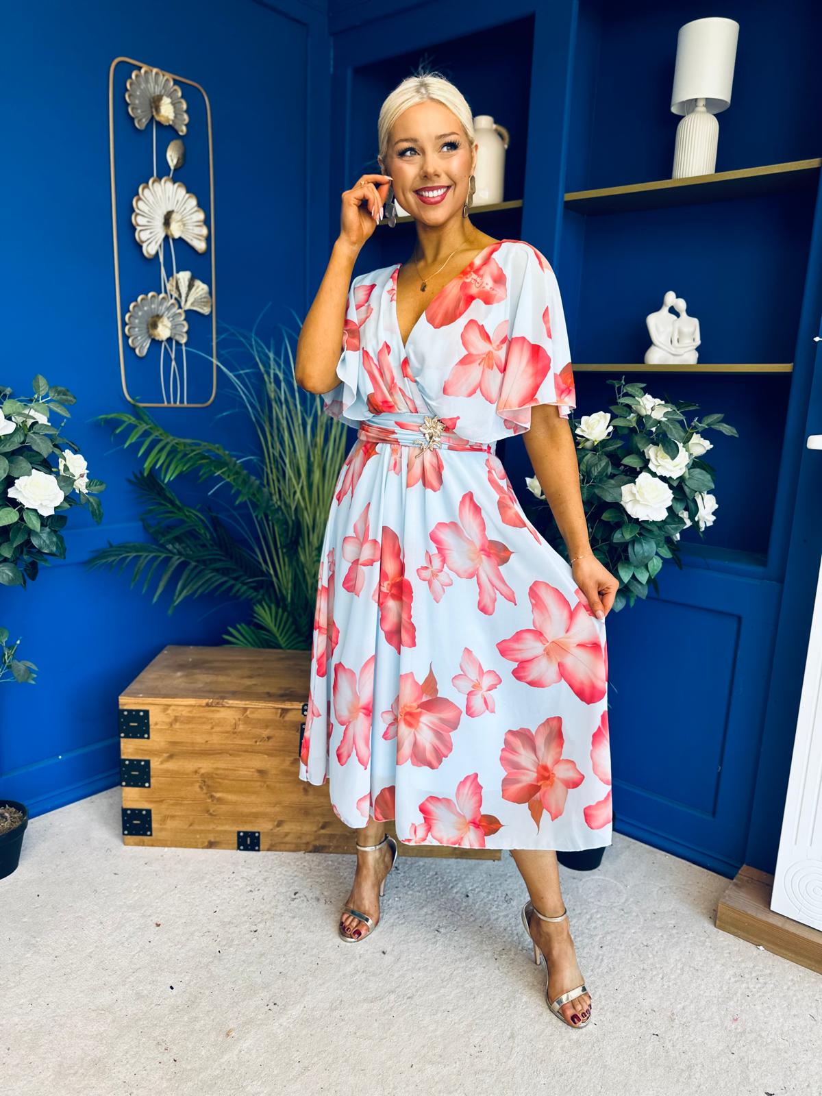 Julia Cape Detailed Midi Dress Floral Sky