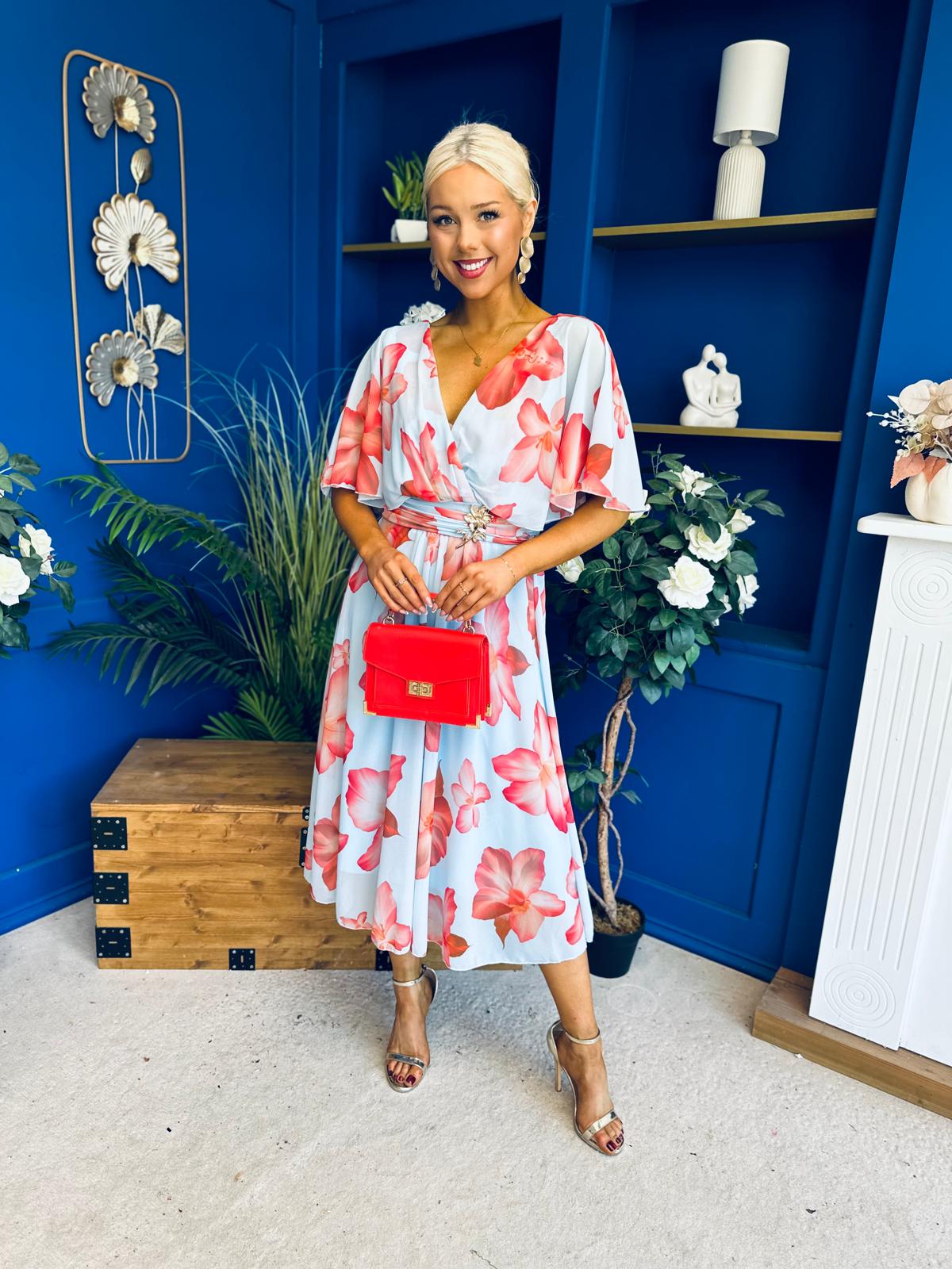 Julia Cape Detailed Midi Dress Floral Sky