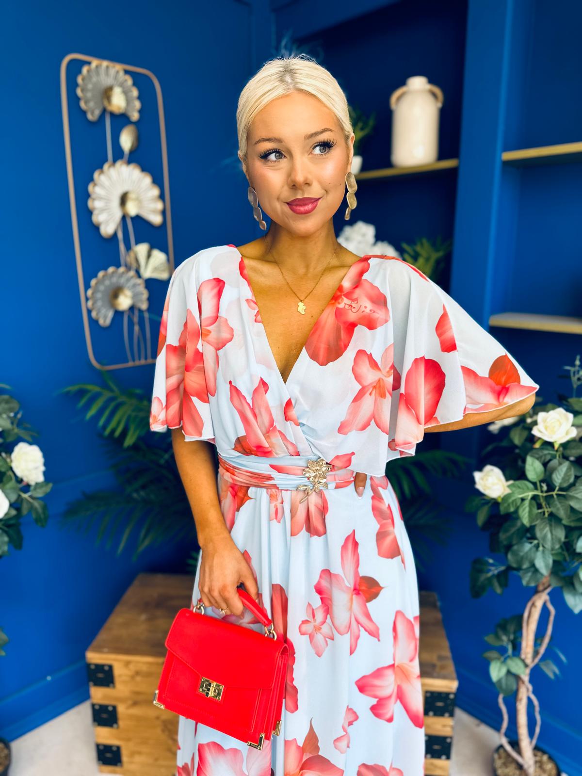 Julia Cape Detailed Midi Dress Floral Sky