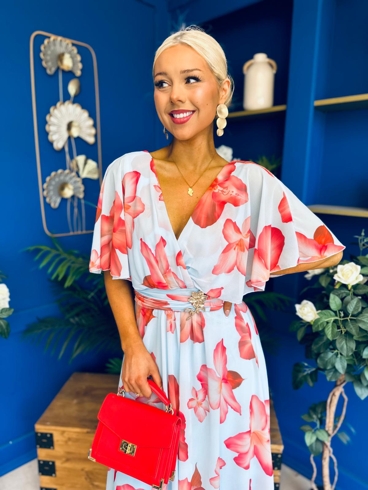Julia Cape Detailed Midi Dress Floral Sky