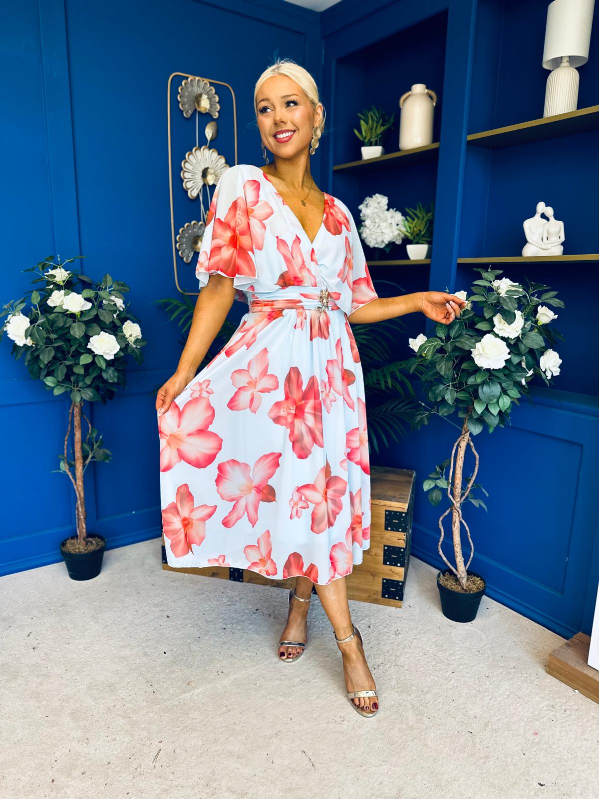 Julia Cape Detailed Midi Dress Floral Sky