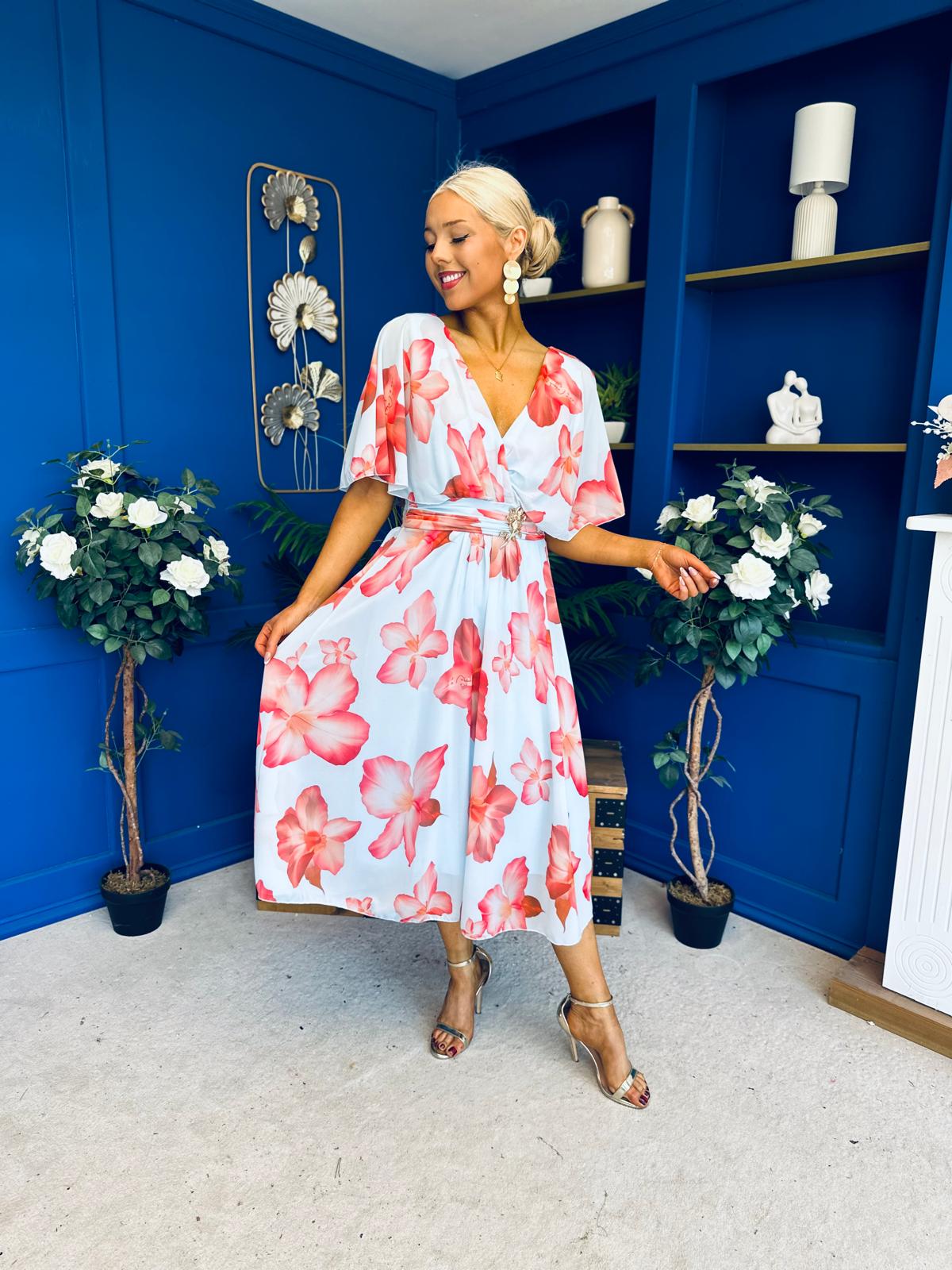 Julia Cape Detailed Midi Dress Floral Sky