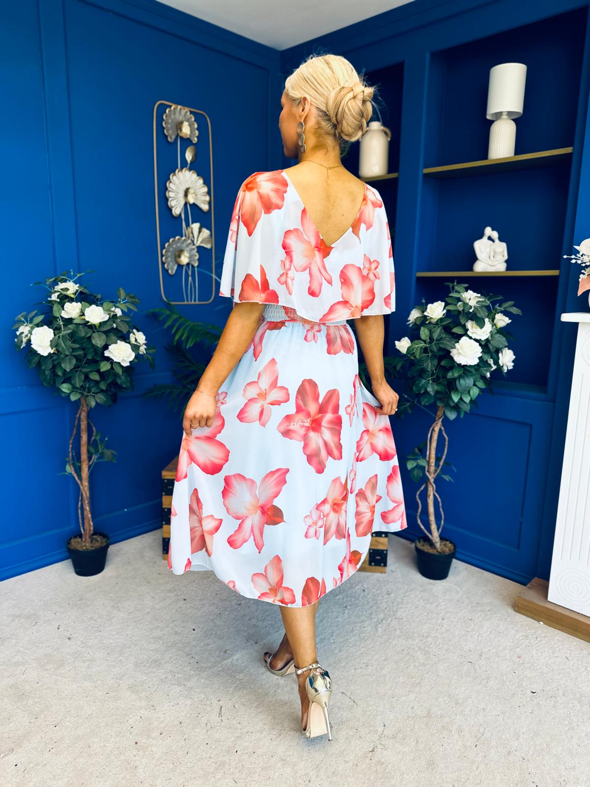 Julia Cape Detailed Midi Dress Floral Sky