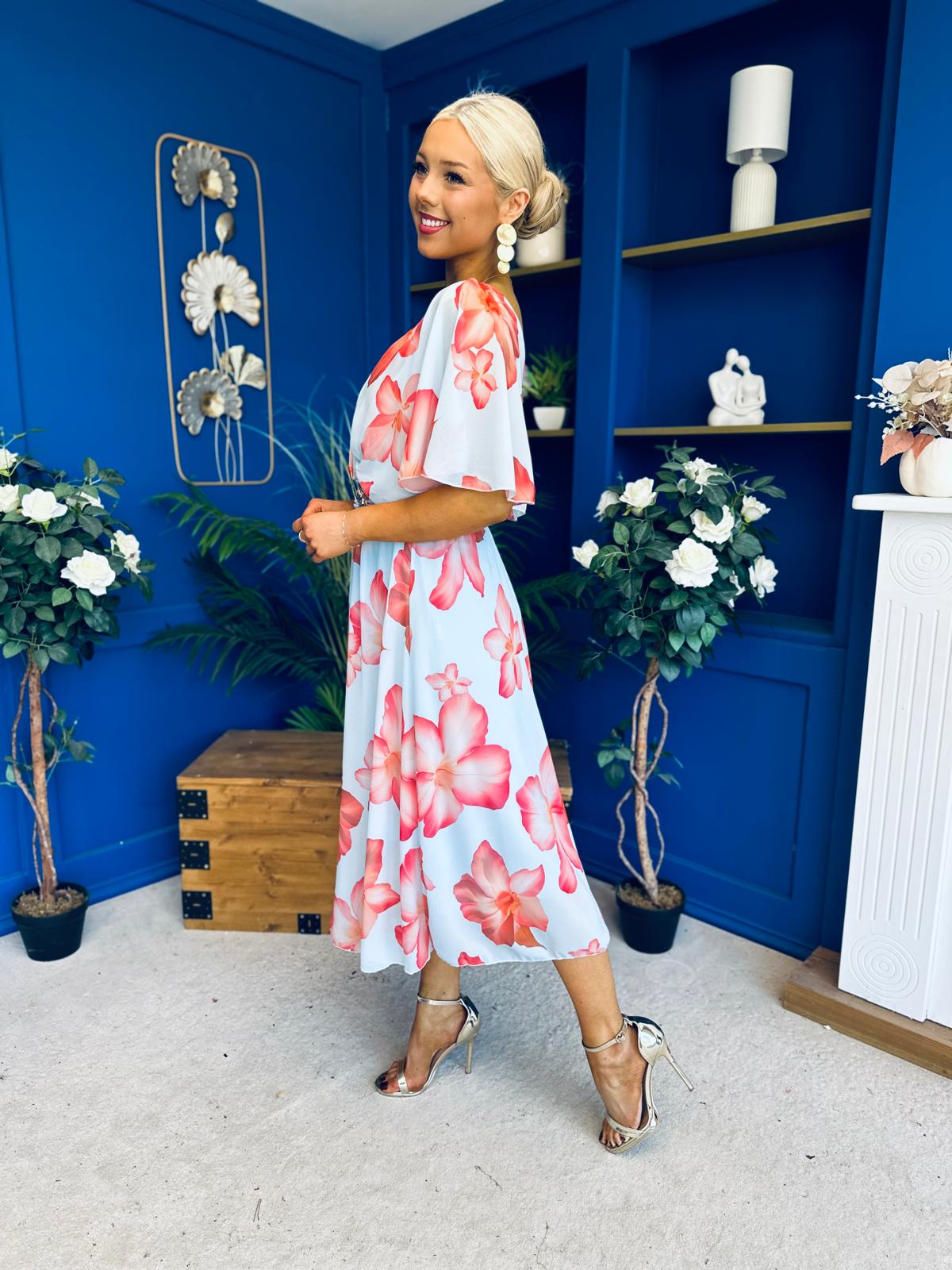 Julia Cape Detailed Midi Dress Floral Sky
