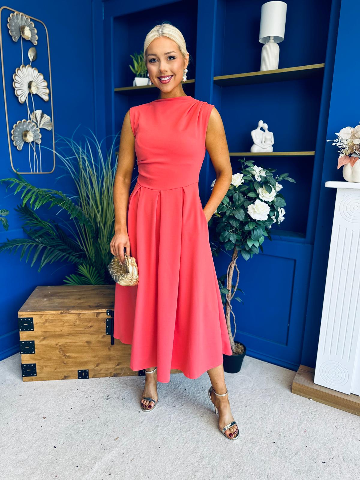 Romy Pleated Neck Midi Dress Coral