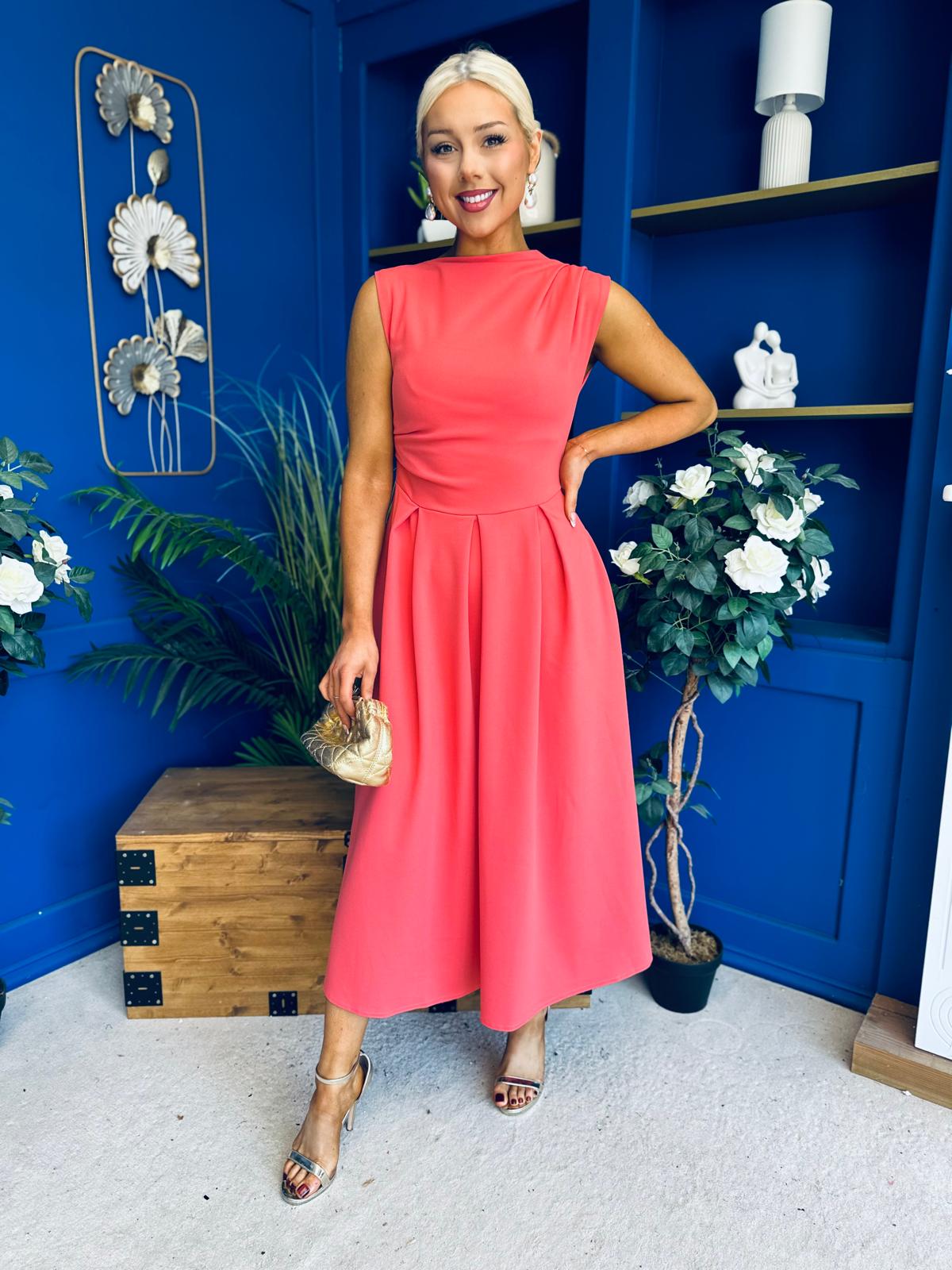 Romy Pleated Neck Midi Dress Coral
