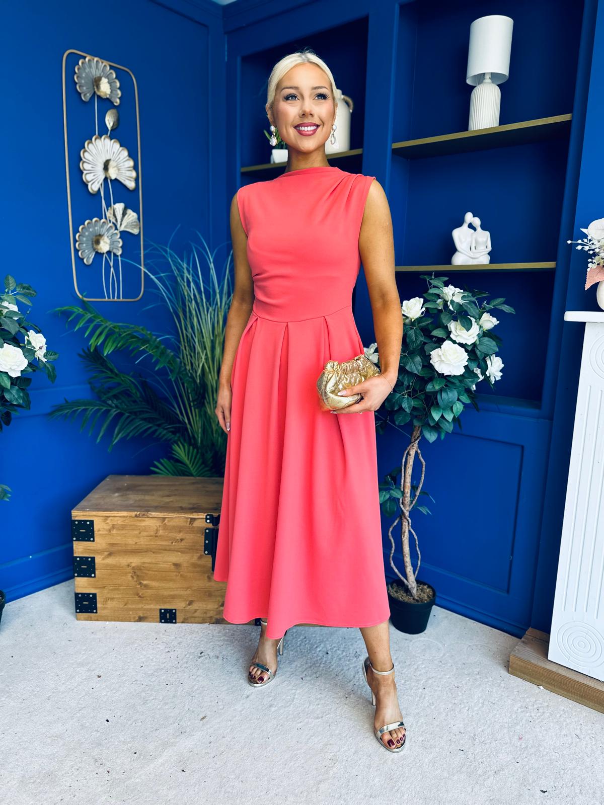 Romy Pleated Neck Midi Dress Coral