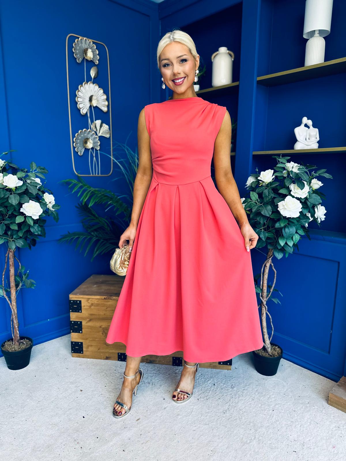 Romy Pleated Neck Midi Dress Coral