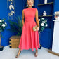 Romy Pleated Neck Midi Dress Coral