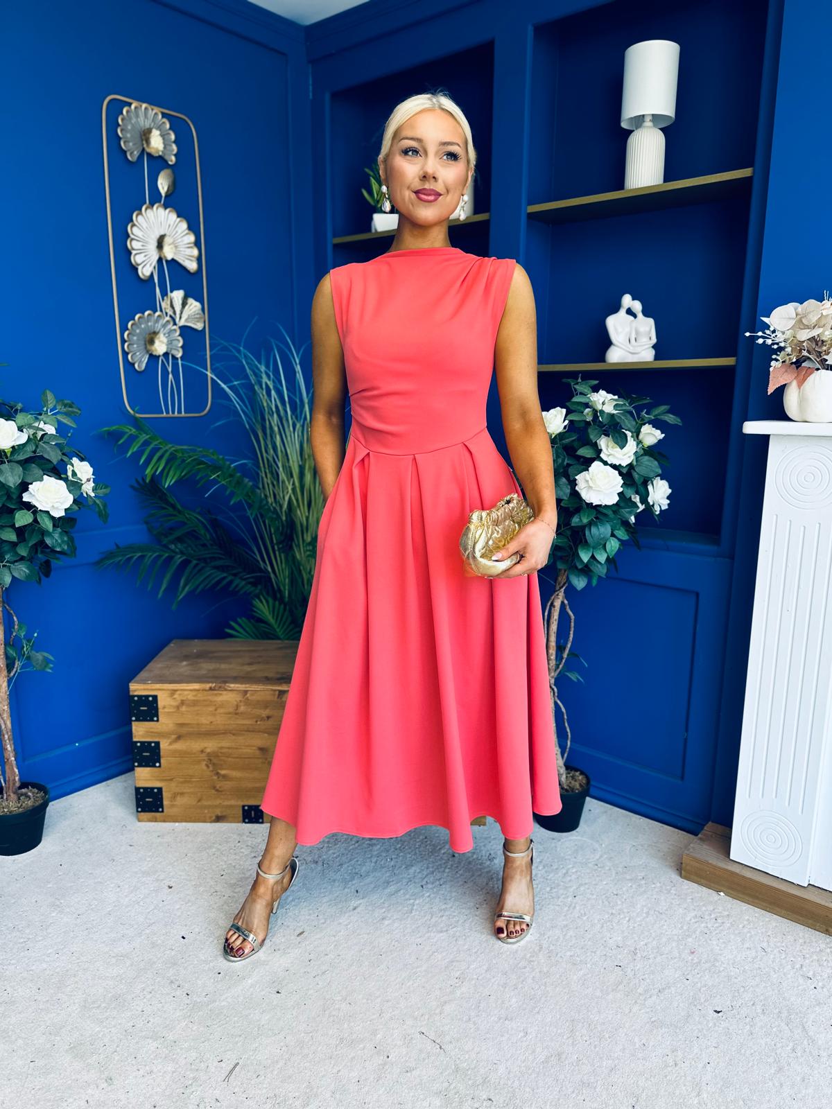 Romy Pleated Neck Midi Dress Coral