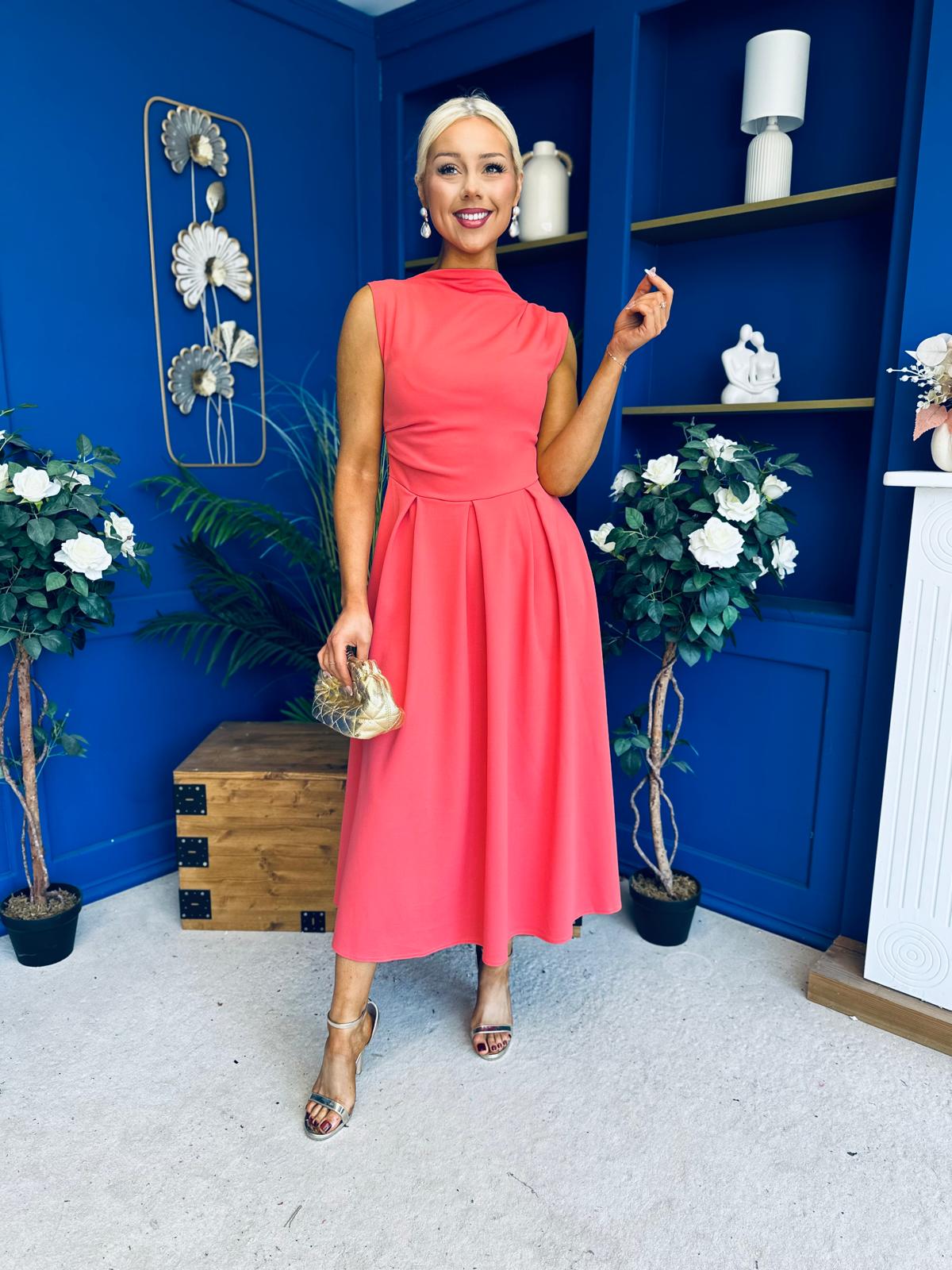 Romy Pleated Neck Midi Dress Coral