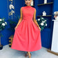 Romy Pleated Neck Midi Dress Coral
