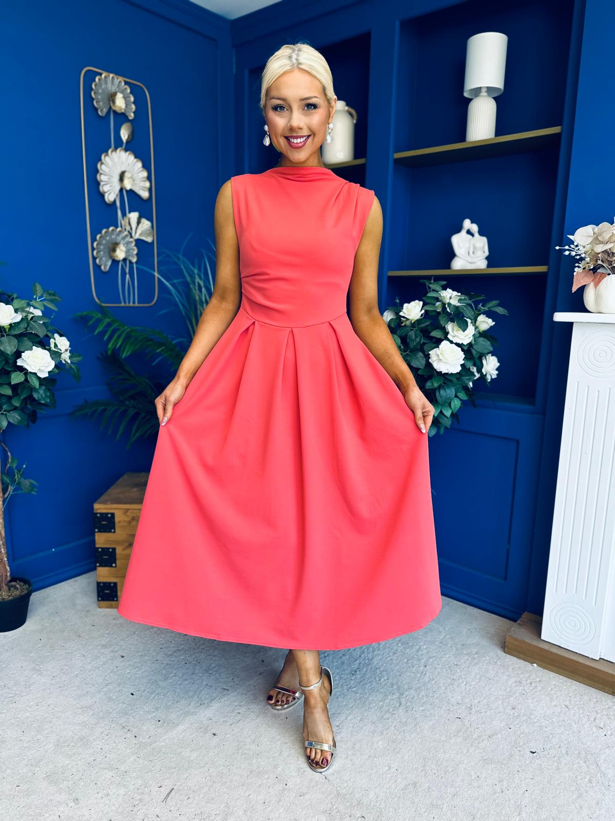 Romy Pleated Neck Midi Dress Coral