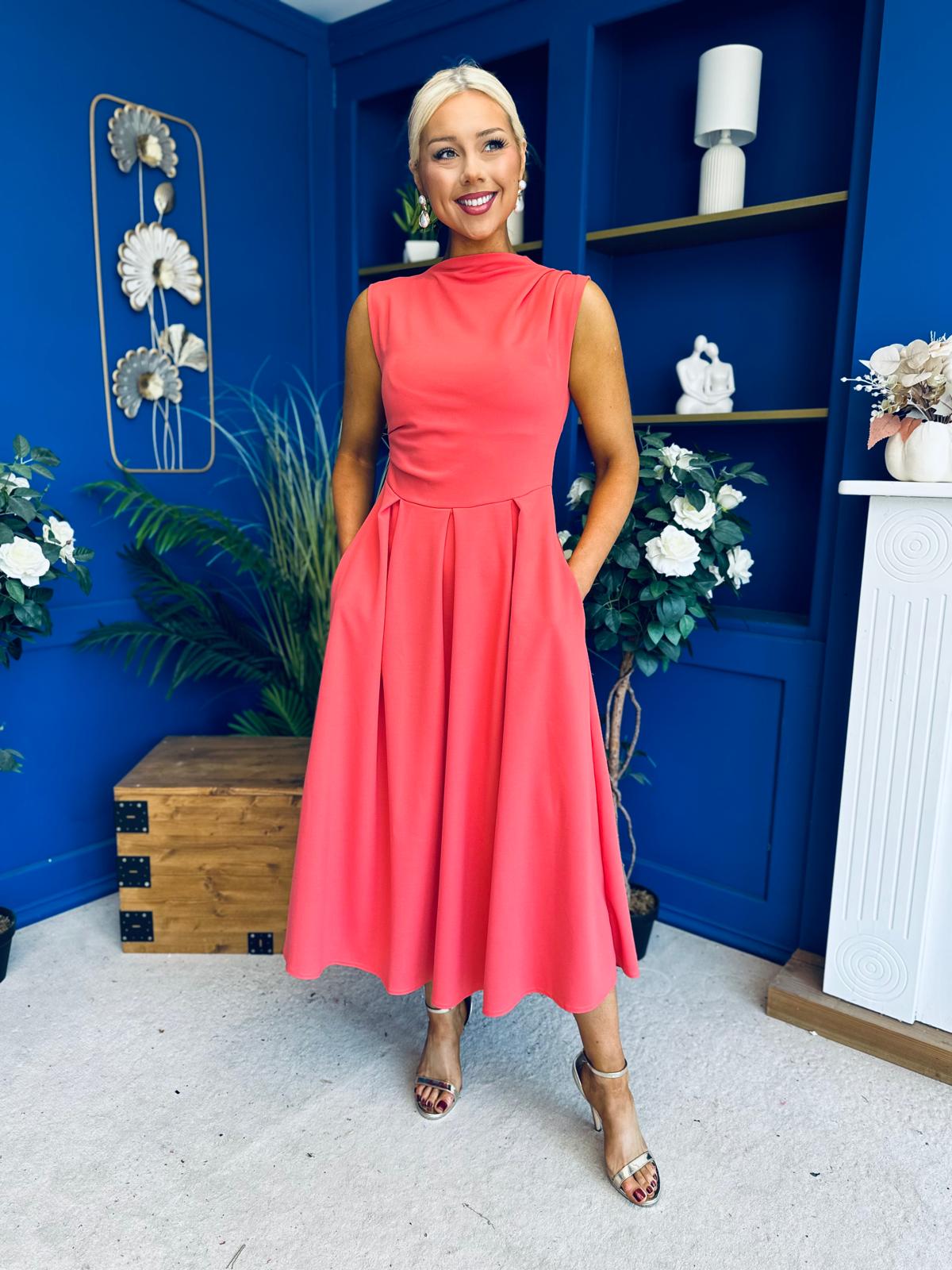 Romy Pleated Neck Midi Dress Coral