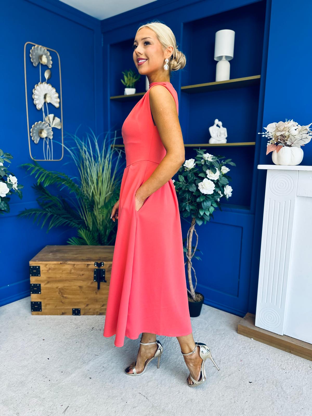 Romy Pleated Neck Midi Dress Coral