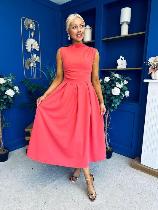 Romy Pleated Neck Midi Dress Coral