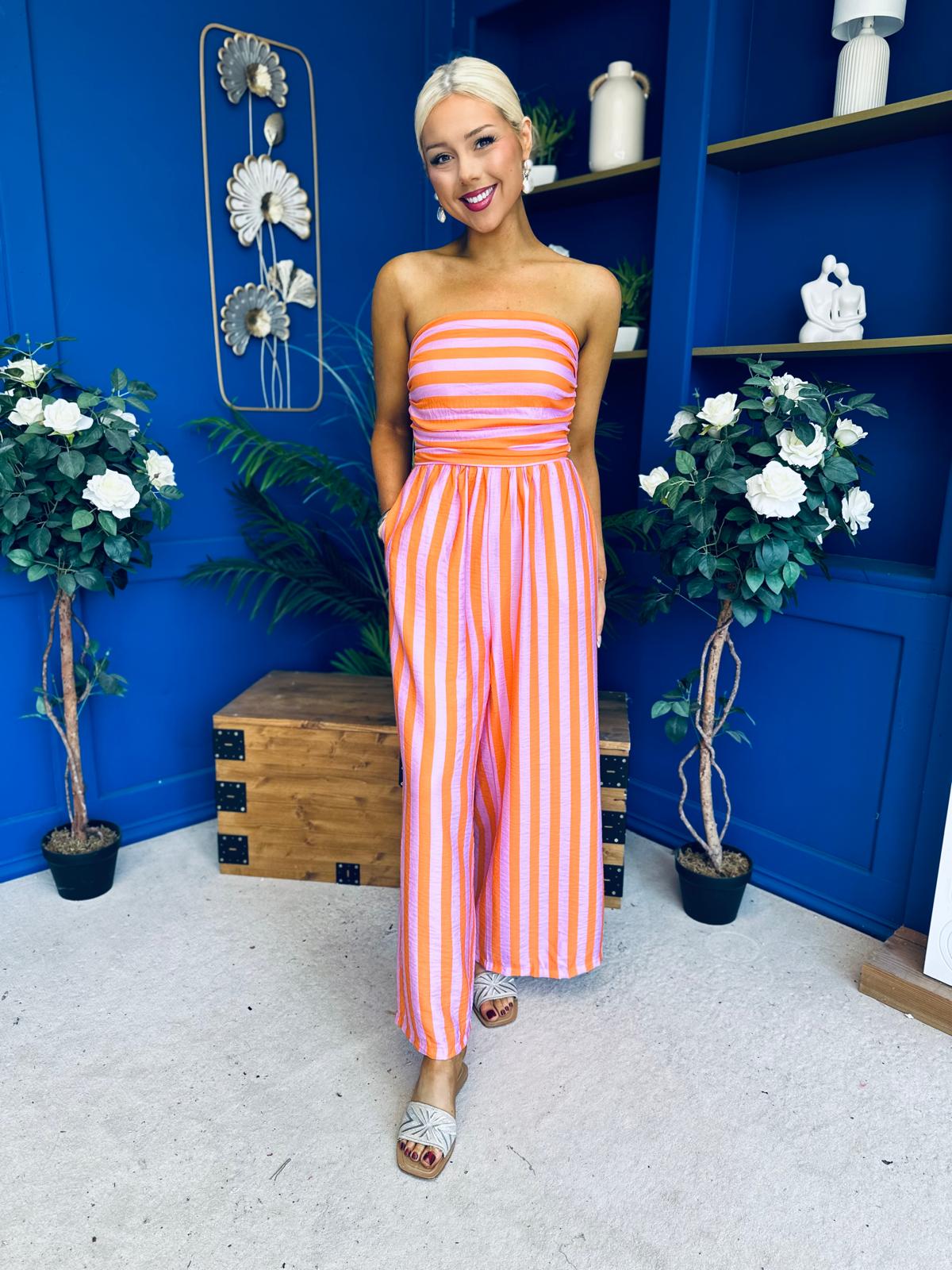 Phil Bandeau Style Striped Jumpsuit Pink Orange