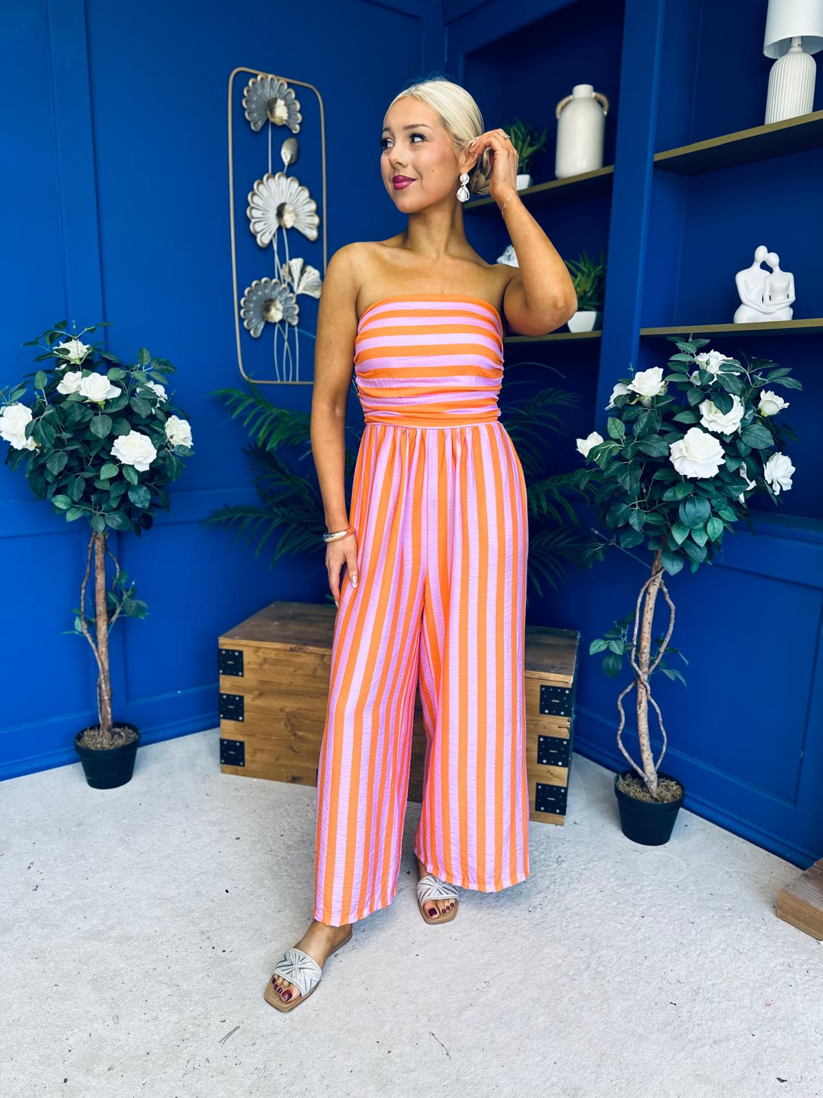 Phil Bandeau Style Striped Jumpsuit Pink Orange