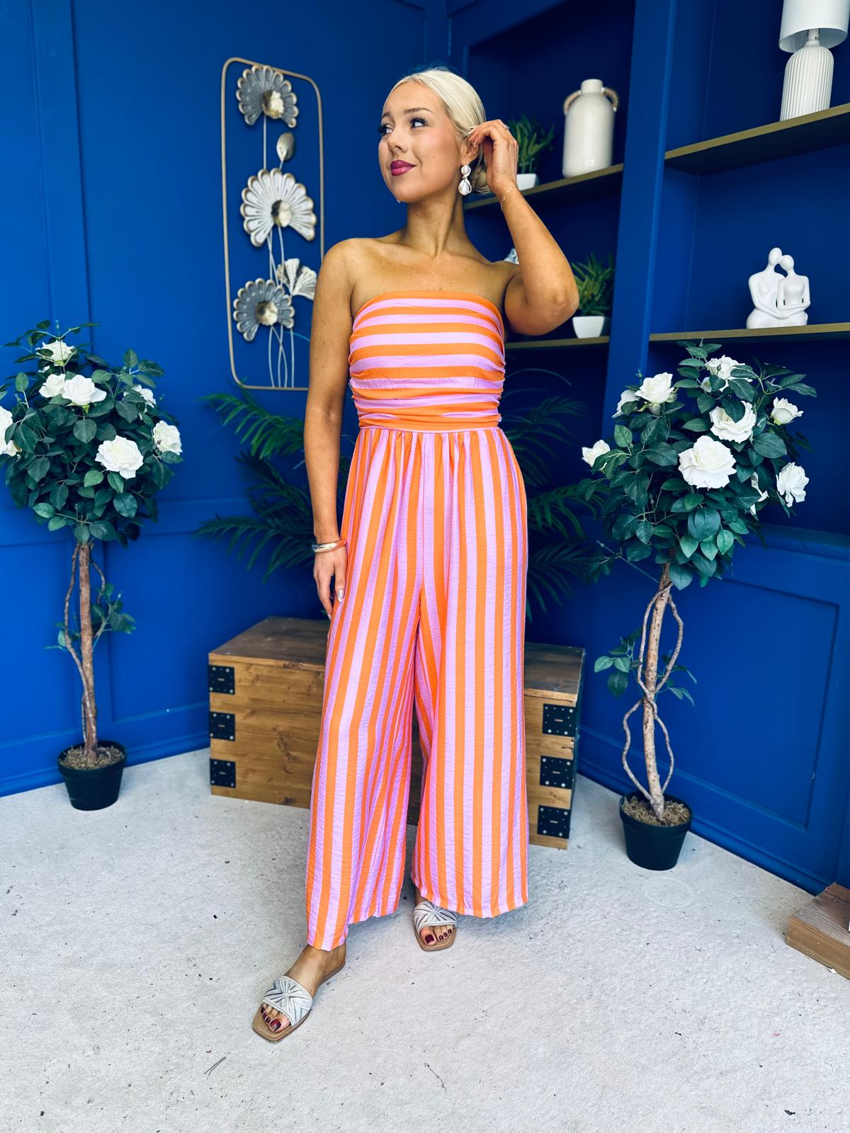 Phil Bandeau Style Striped Jumpsuit Pink Orange