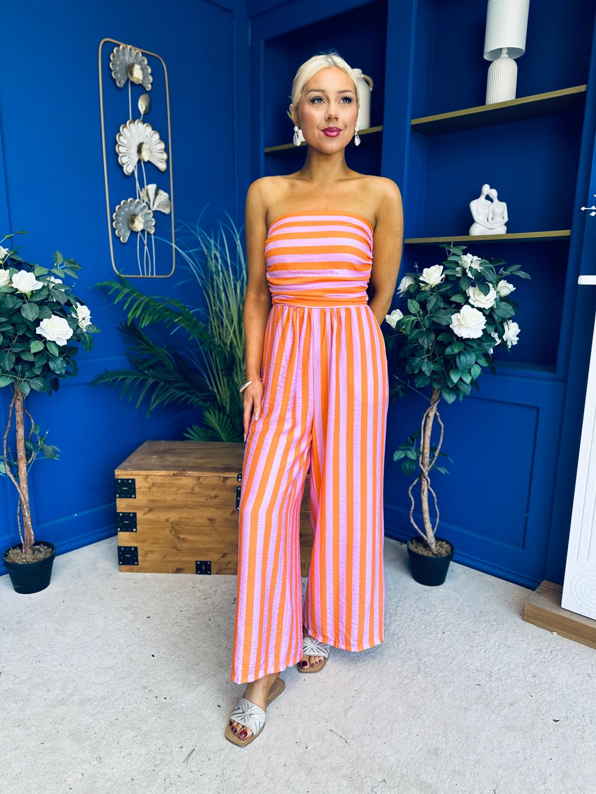 Phil Bandeau Style Striped Jumpsuit Pink Orange