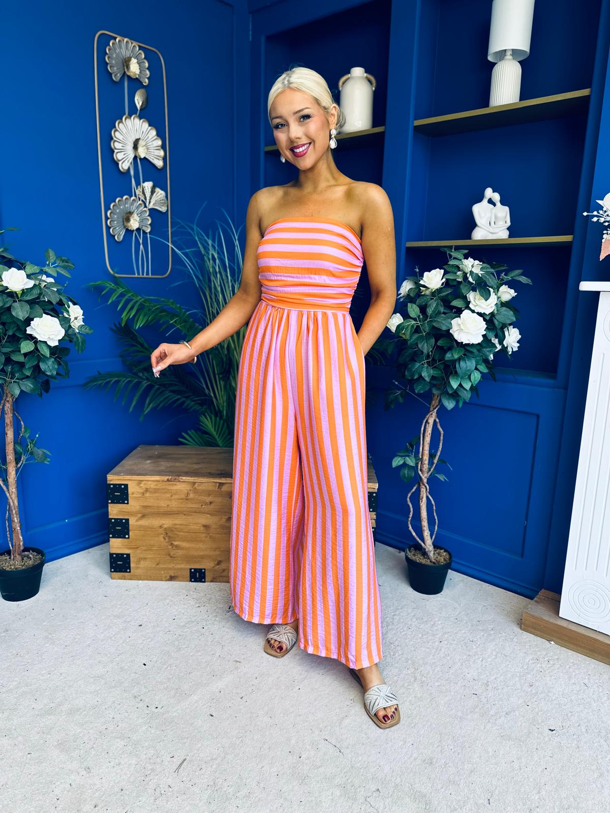 Phil Bandeau Style Striped Jumpsuit Pink Orange