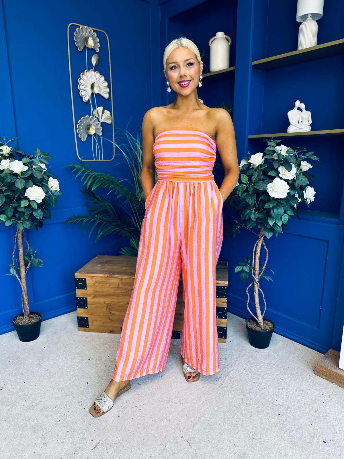 Phil Bandeau Style Striped Jumpsuit Pink Orange