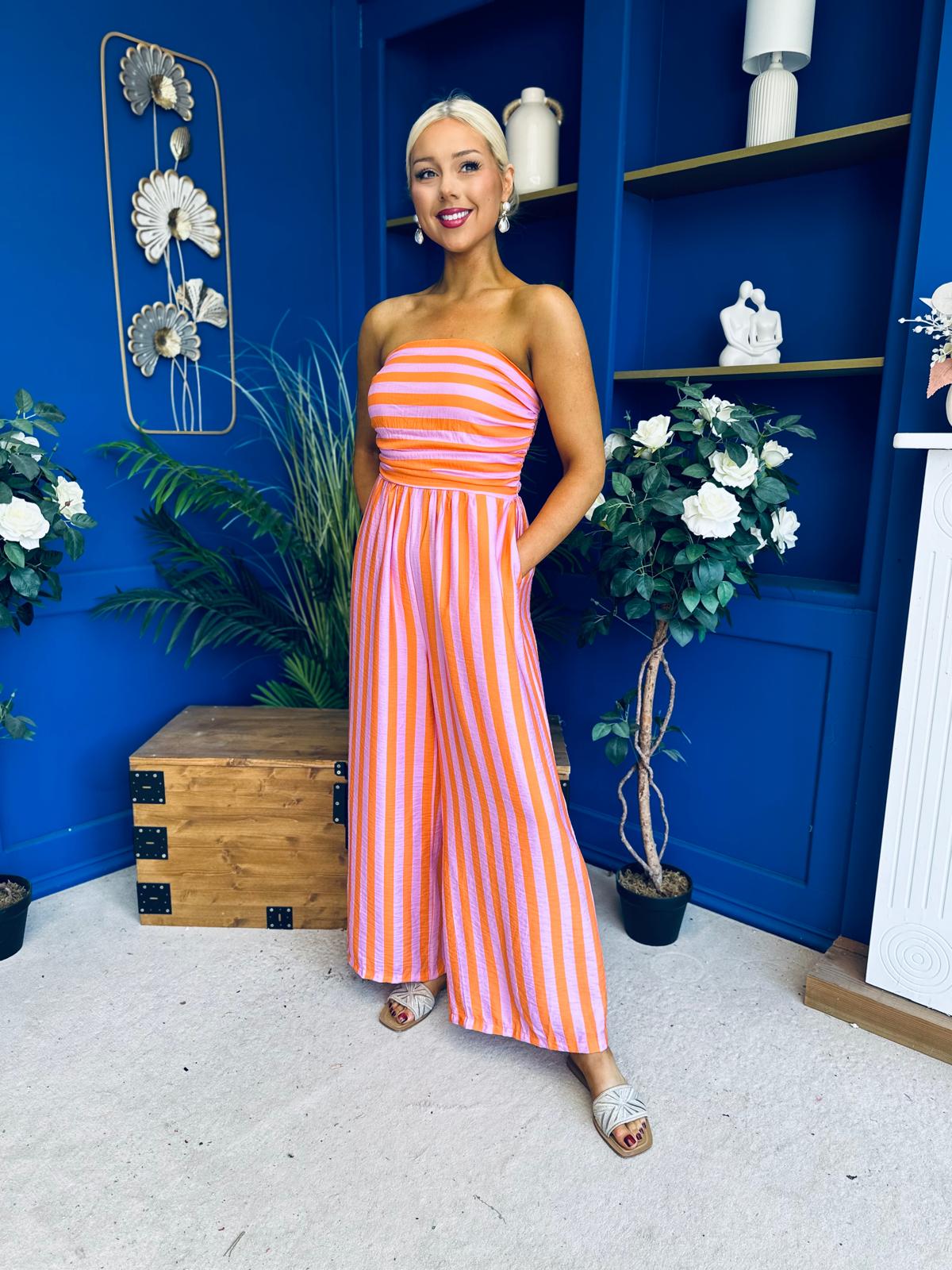 Phil Bandeau Style Striped Jumpsuit Pink Orange