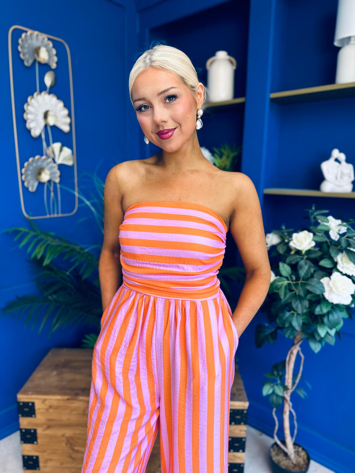 Phil Bandeau Style Striped Jumpsuit Pink Orange