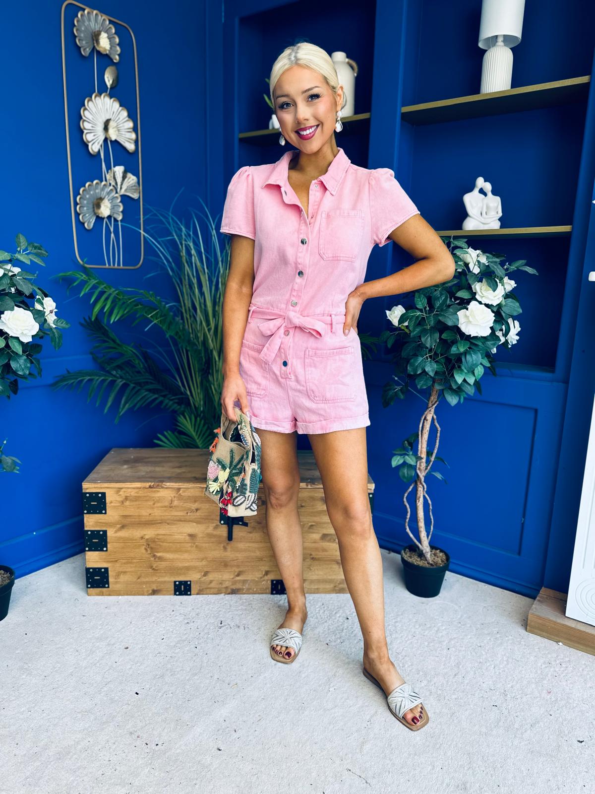 Riley Short Sleeve Denim Playsuit Pwr Pink