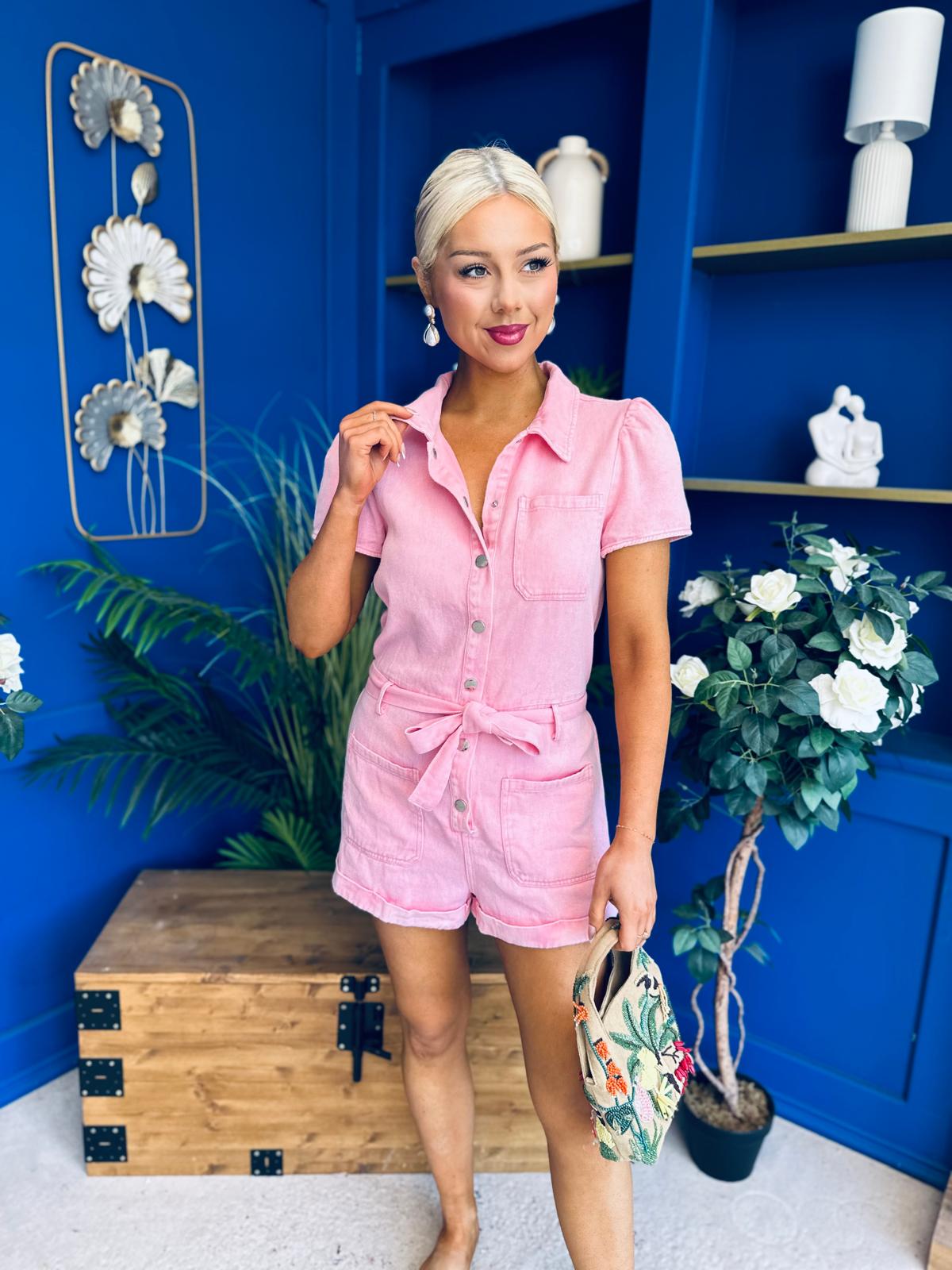 Riley Short Sleeve Denim Playsuit Pwr Pink
