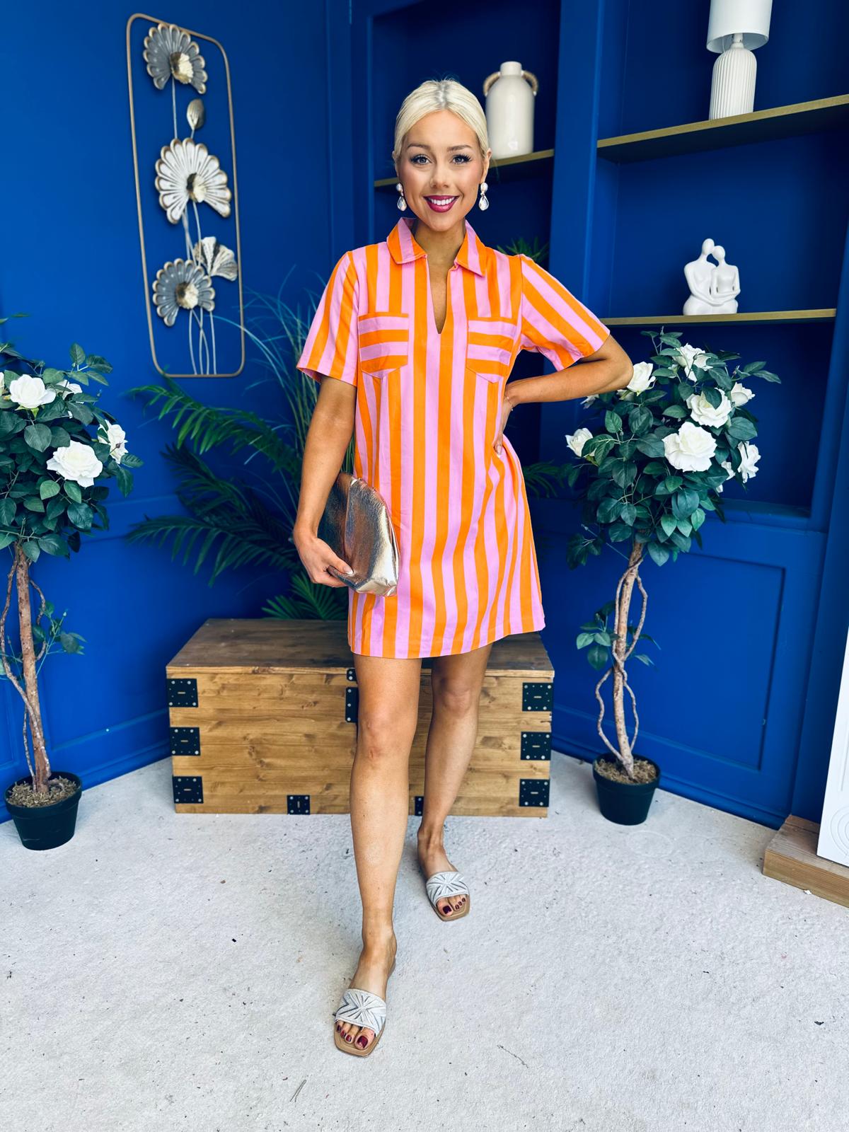 Laurel Denim Mini Shift Dress Striped Orange