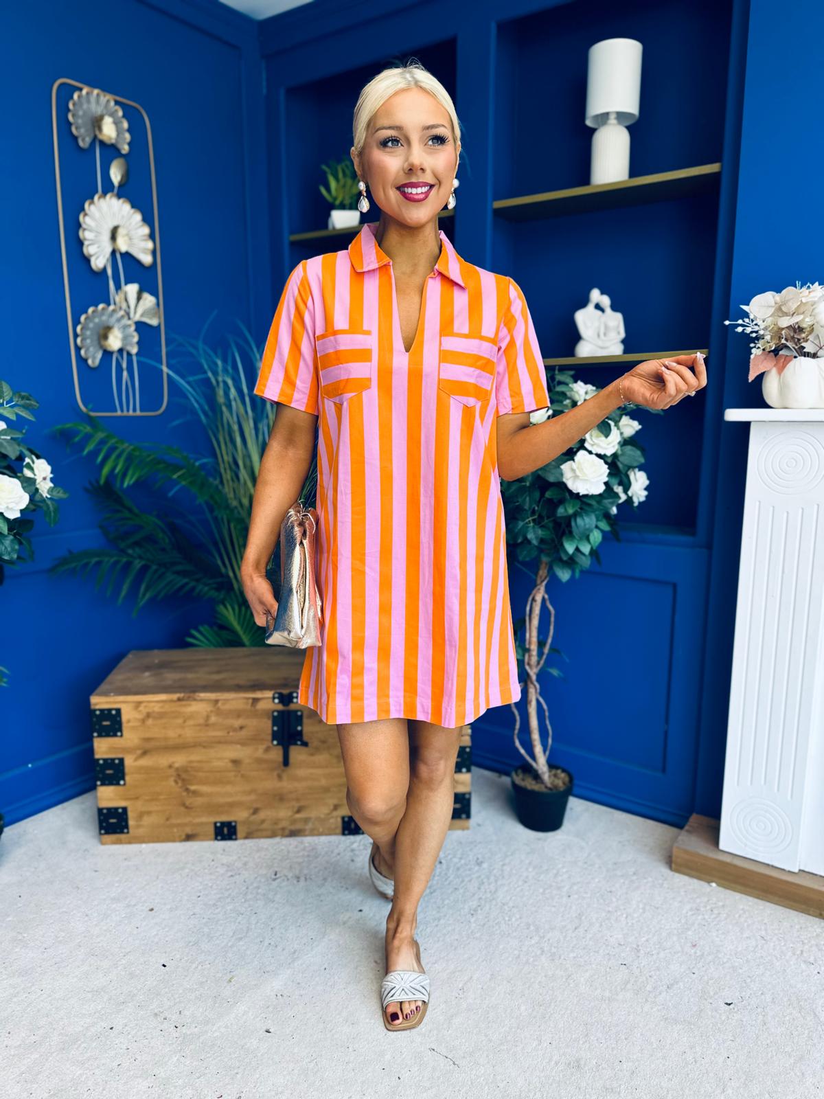 Laurel Denim Mini Shift Dress Striped Orange